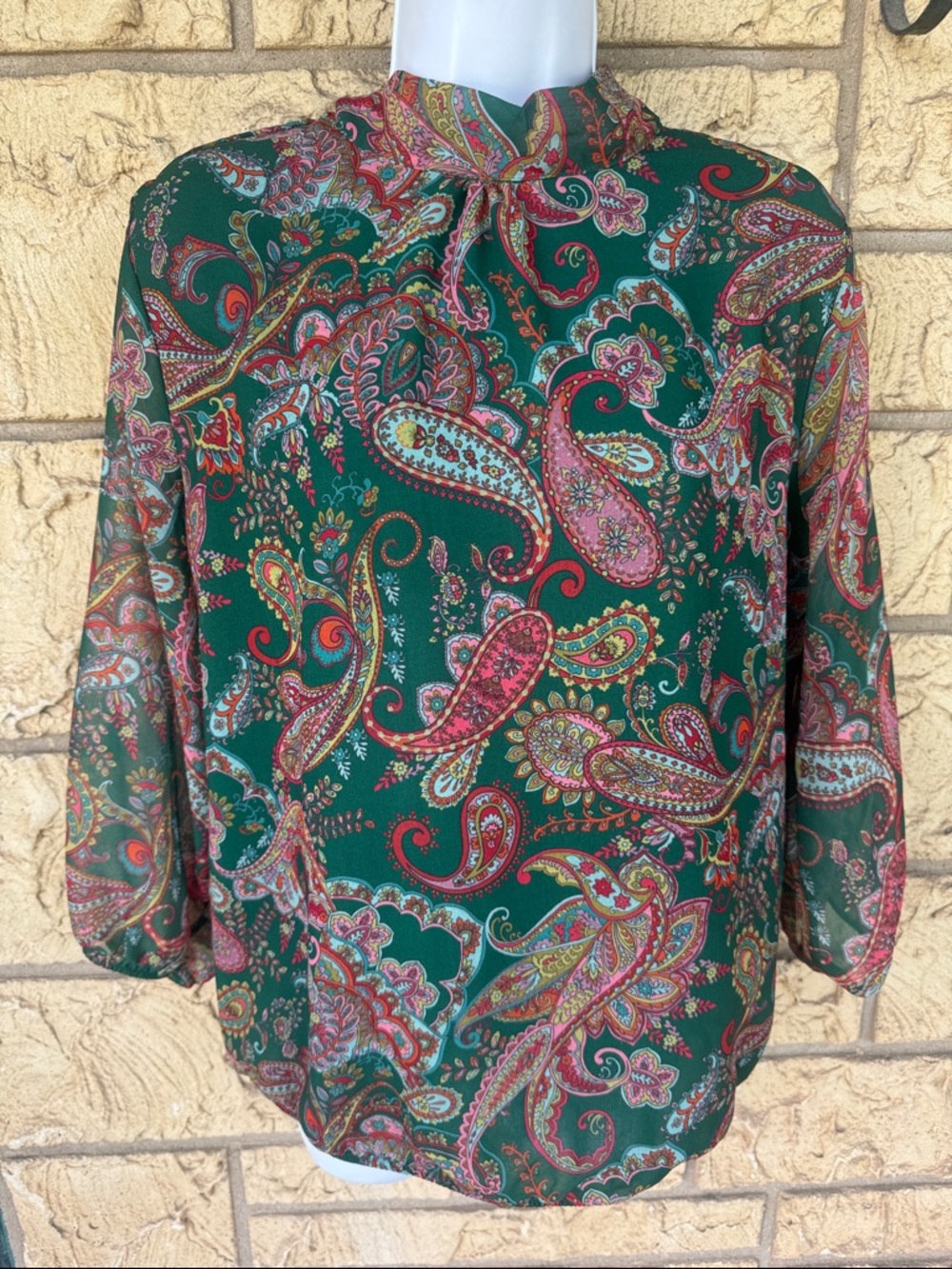 Blouse Sweet Pea New York & Co Green High Neck Long Sleeve retro Vintage look